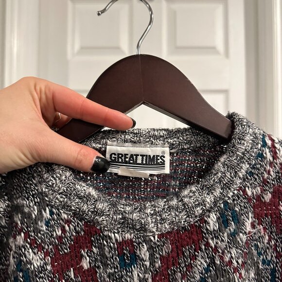 Vintage 80s/90s Great Times Gray Red Green Geometric Patterned Knit Sweater EUC - Picture 3 of 4